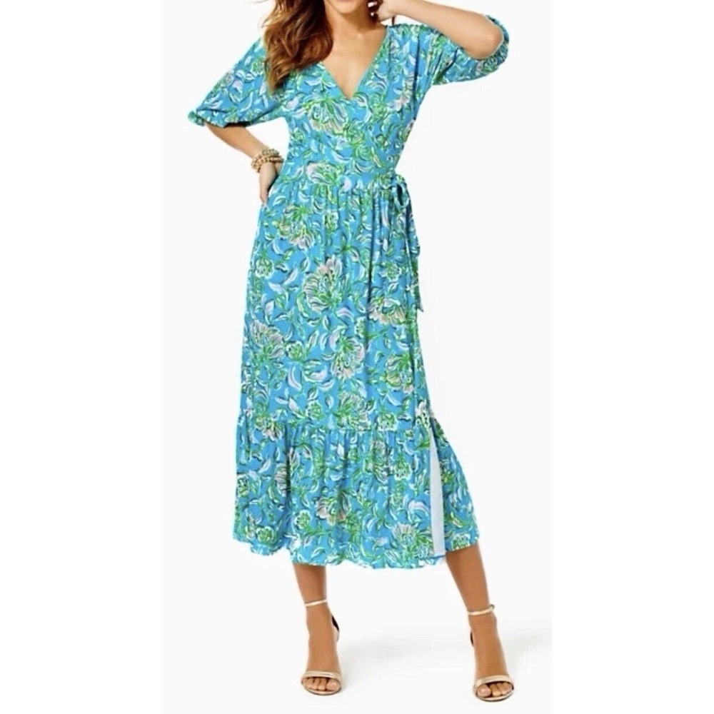 Lilly Pulitzer Women's L Brantley Midi Wrap Dress Cumulus Blue Chick Magnet